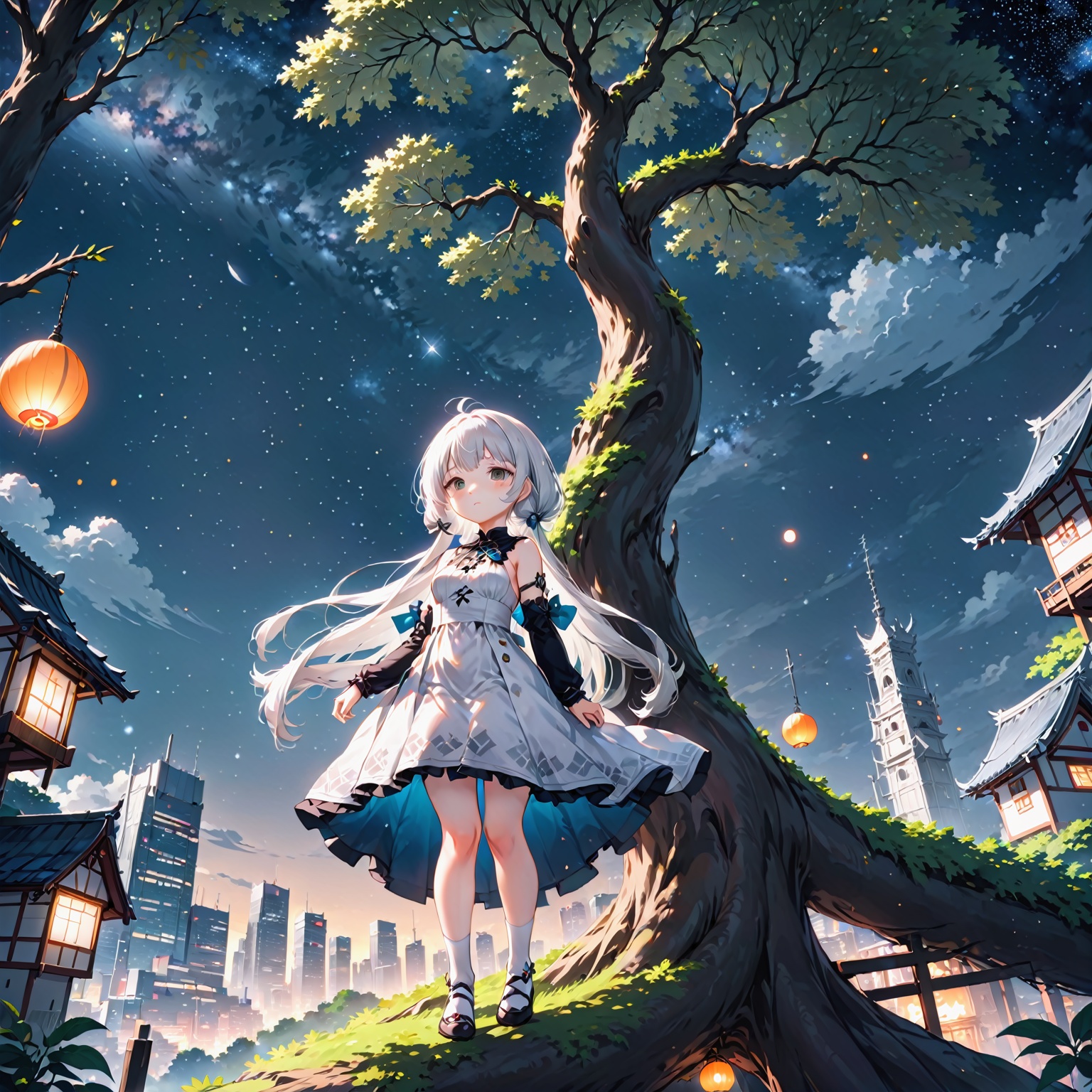 The background is a city,  perfect white-haired girl,  loli in dress on Tensor.Art