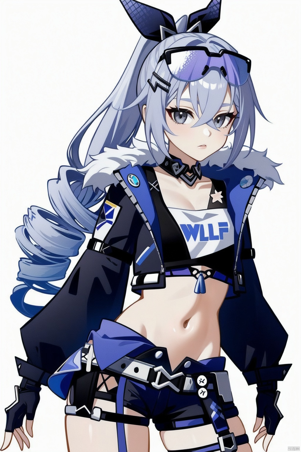 1girl,silverwolf, grey hair, long hair, grey eyes, eyewear on head, jacket, gloves, ponytail, black jacket, fingerless gloves, shorts, bronya zaychik, bangs, black gloves, fur trim, drill hair, sunglasses, shirt, hair ornament,masterpiece,best quality