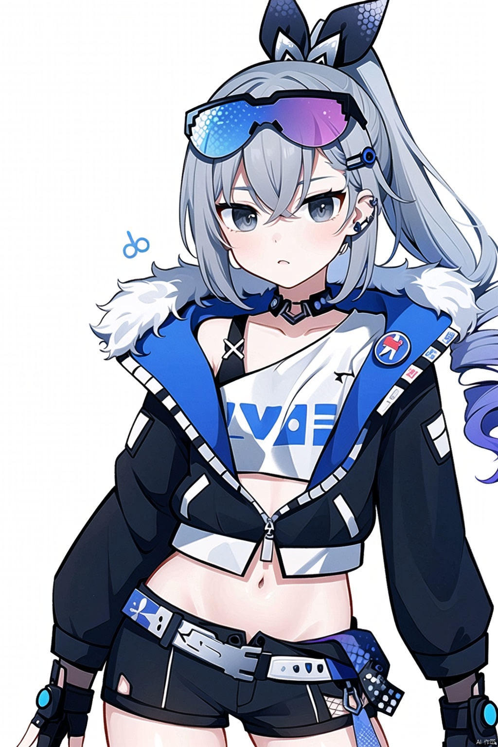 1girl,silverwolf, grey hair, long hair, grey eyes, eyewear on head, jacket, gloves, ponytail, black jacket, fingerless gloves, shorts, bronya zaychik, bangs, black gloves, fur trim, drill hair, sunglasses, shirt, hair ornament,masterpiece,best quality, silverwolf