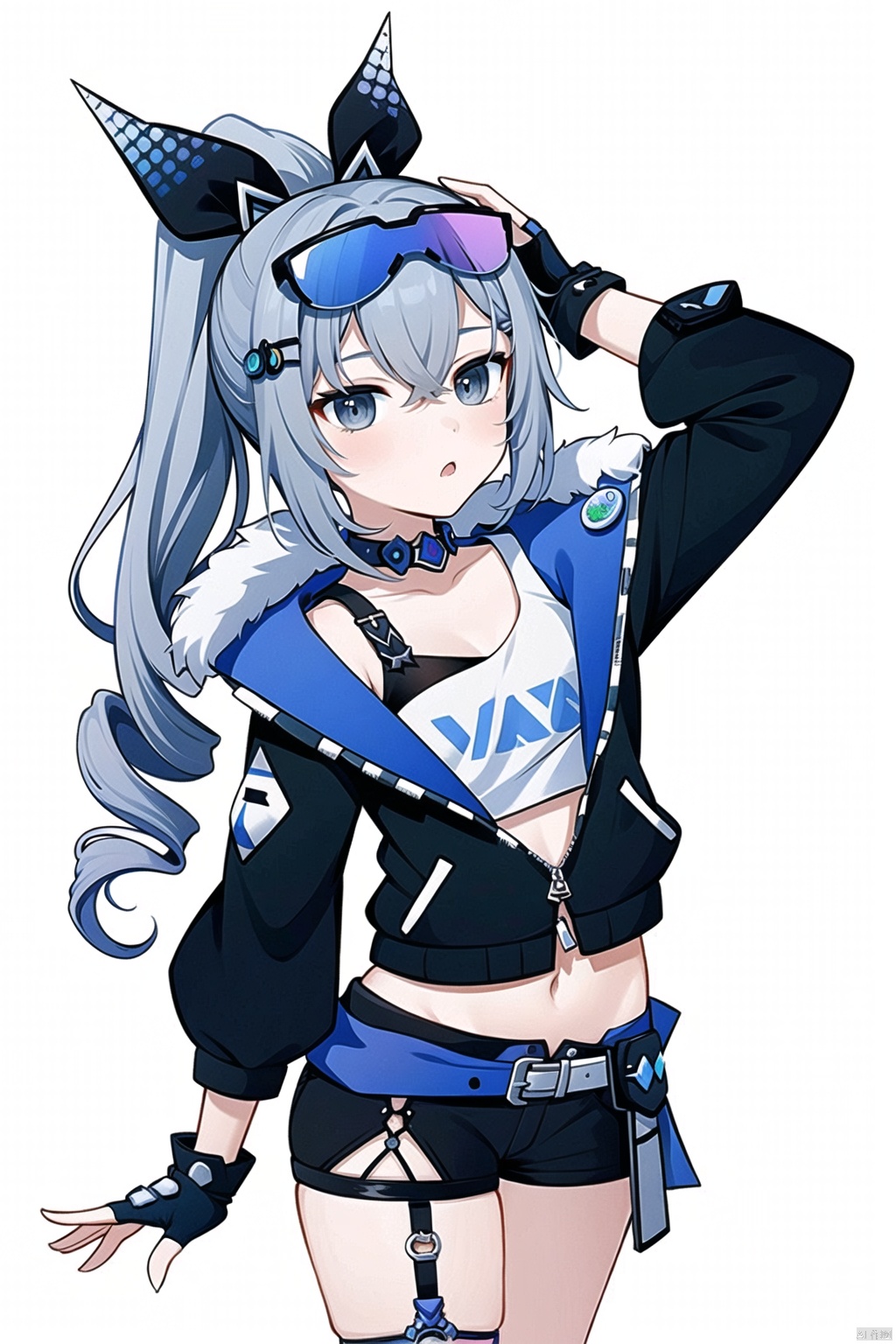1girl,silverwolf, grey hair, long hair, grey eyes, eyewear on head, jacket, gloves, ponytail, black jacket, fingerless gloves, shorts, bronya zaychik, bangs, black gloves, fur trim, drill hair, sunglasses, shirt, hair ornament,masterpiece,best quality, silverwolf