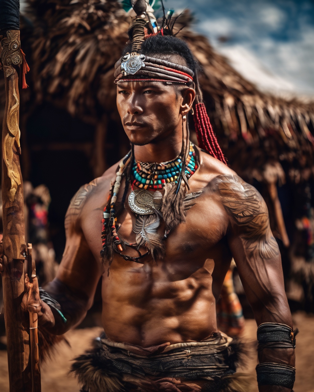 tribal style Full-length photo,(muscle human male :0.8),combat posture,Surrealism,from below,Surrealism,backlighting,backlighting,cinematic lighting,8k,super detail,high quality,high details,UHD,award winning,anatomically correct,UHD,retina,masterpiece,ccurate,anatomically correct,textured skin:0.1),super detail,award winning,best quality,high quality,high details,16k,(moose horn:-0.2),(back:0.5),realistic style,fullbody,( god statues in the background:0.9),(dynamic posture:1.3),random posture,(bold colors:1.1),expressive,(bare foot:0.9),(. indigenous:0.9),ethnic,traditional patterns,bold,natural colors,highly detailed,