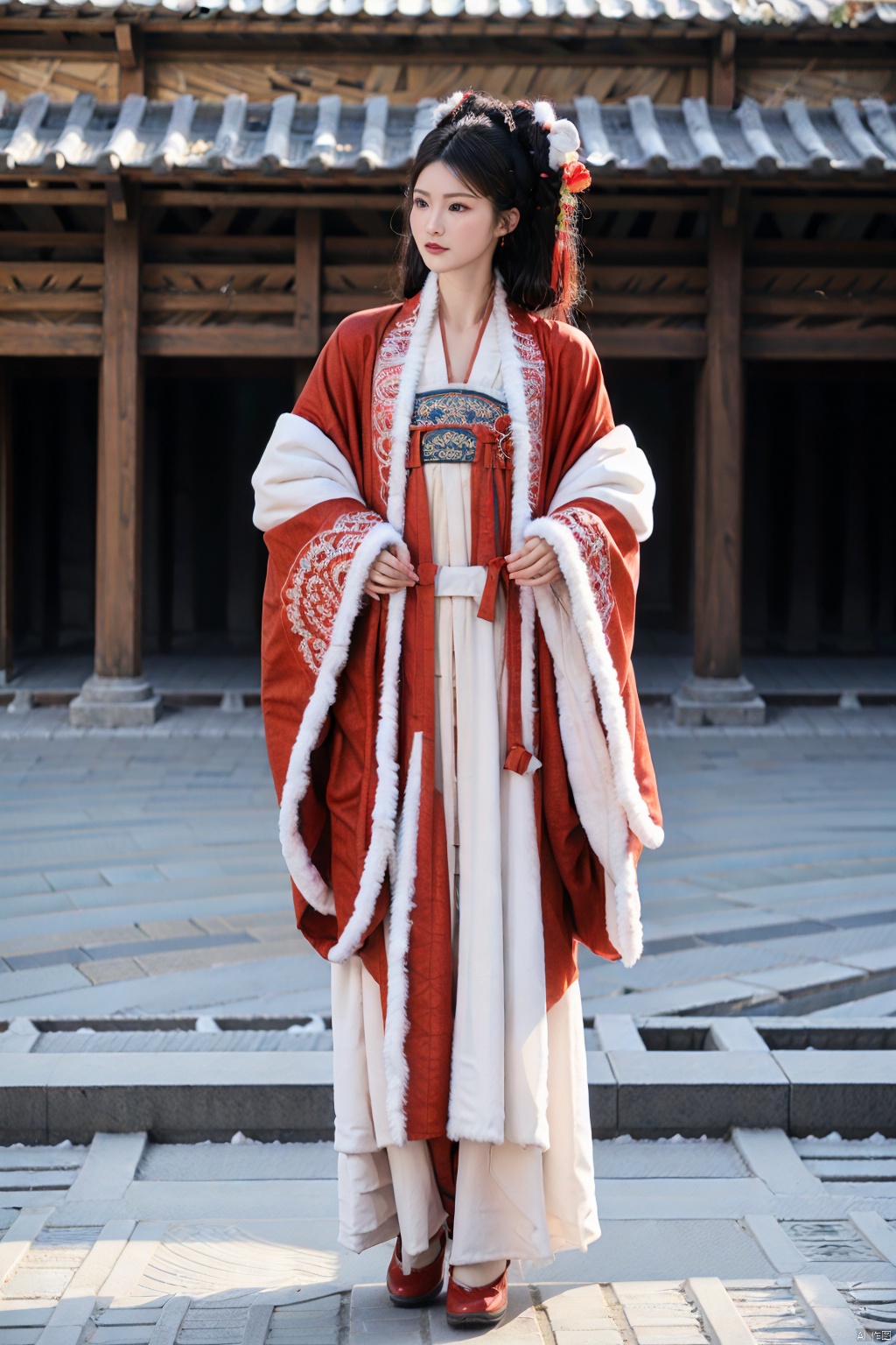 (1girl:1.3), (best quality, masterpiece, ultra high resolution),(photorealistic:1.3), (realistic:1.3), depth of field,(full body:1.2), (outdoors:1.2), (day:1.2), (cinematic lighting:1.2), near to camera, hanfu,  winter, snow