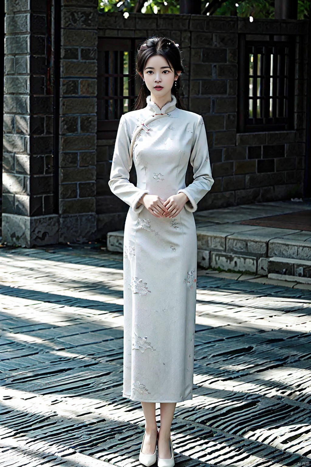 (1girl:1.3), (best quality, masterpiece, ultra high resolution),(photorealistic:1.3), (realistic:1.3), depth of field,(full body:1.2), (outdoors:1.2), (day:1.2), (cinematic lighting:1.2), near to camera, qipao