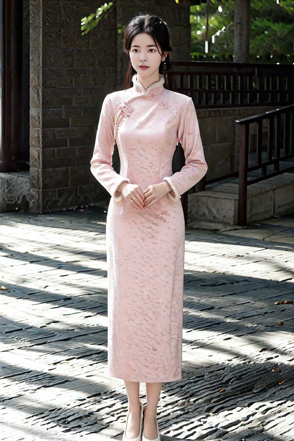 (1girl:1.3), (best quality, masterpiece, ultra high resolution),(photorealistic:1.3), (realistic:1.3), depth of field,(full body:1.2), (outdoors:1.2), (day:1.2), (cinematic lighting:1.2), near to camera, qipao, sitting