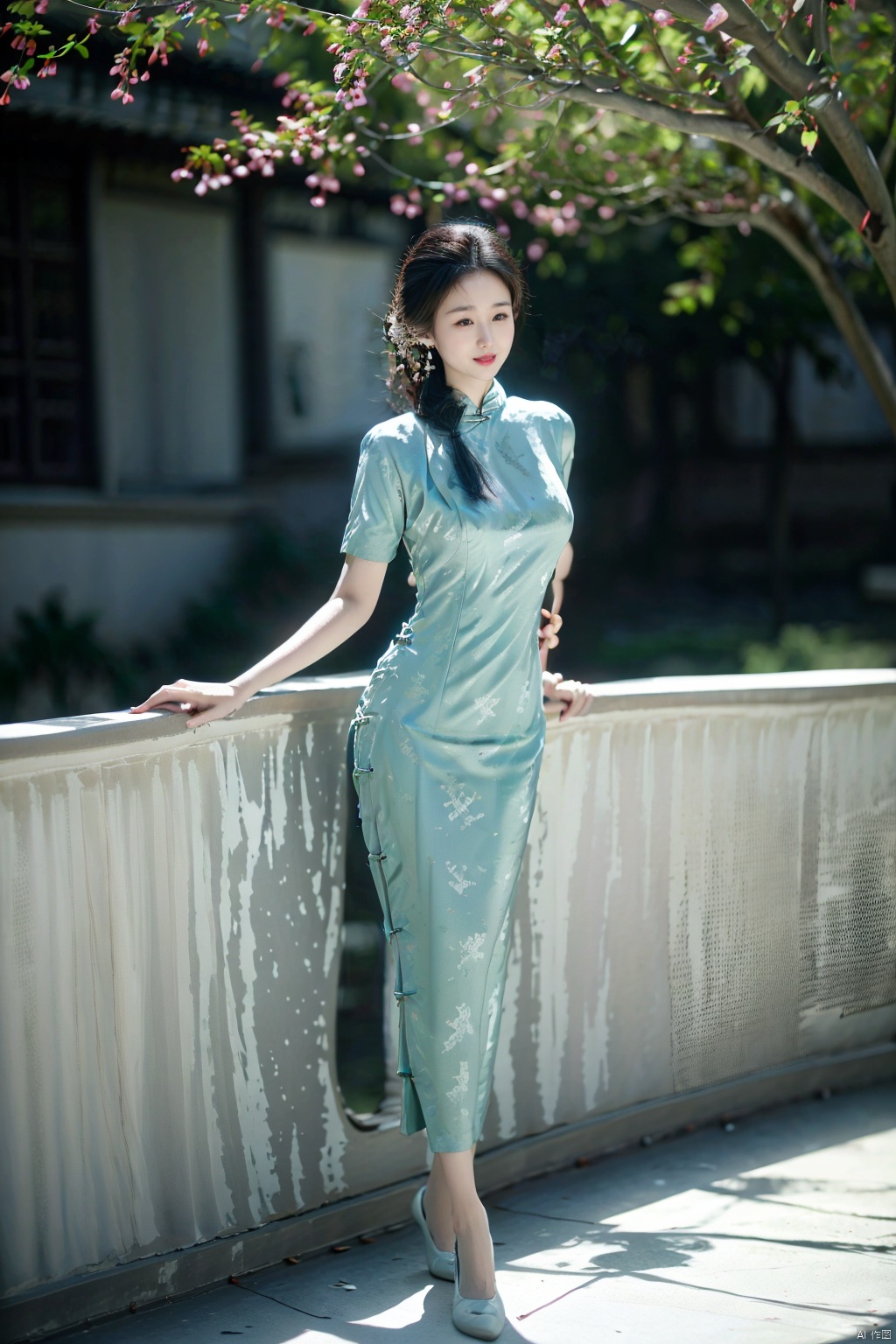 (1girl:1.3), (best quality, masterpiece, ultra high resolution),(photorealistic:1.3), (realistic:1.3), depth of field,(full body:1.2), (day:1.2), (cinematic lighting:1.2), qipao