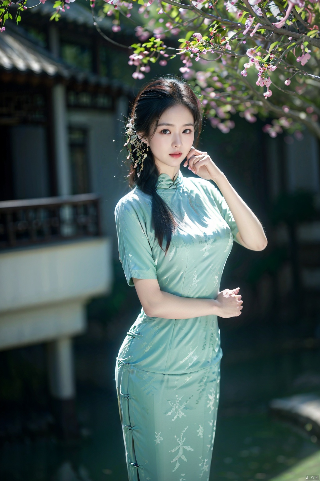 (global illumination, reality,ray tracing, HDR, unreal rendering, reasonable design, high detail, masterpiece,best quality, ultra high definition, movie lighting),
1girl,outdoor,looking_at_viewer,side_blunt_bangs,china_dress,chinese_style,big breasts,pose,solo,1girl,black hair,black eyes,  qipao