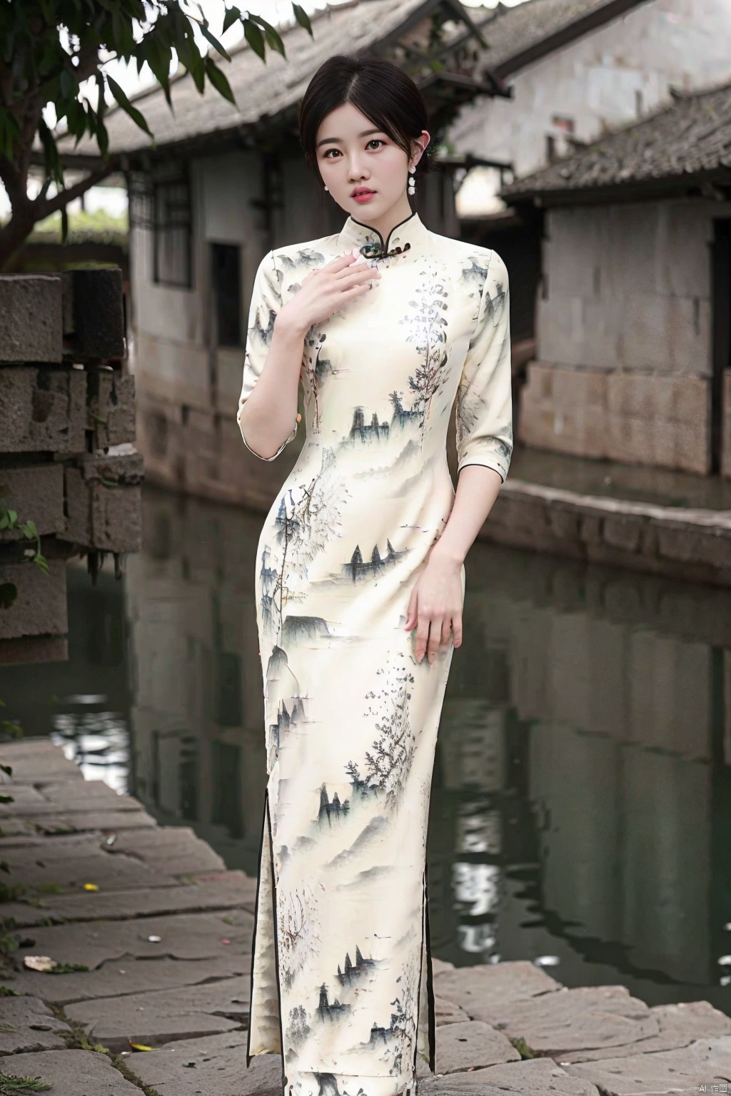 (global illumination, reality,ray tracing, HDR, unreal rendering, reasonable design, high detail, masterpiece,best quality, ultra high definition, movie lighting),
1girl,outdoor,looking_at_viewer,side_blunt_bangs,china_dress,chinese_style,big breasts,pose,solo,1girl,black hair,black eyes, qipao