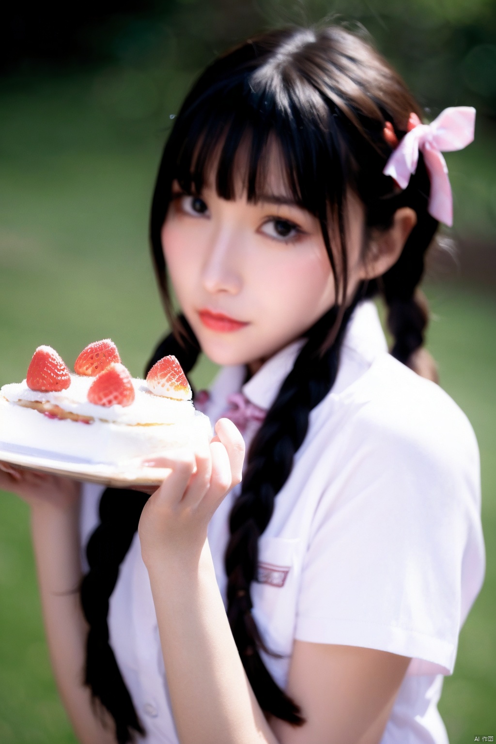 1girl, solo, realistic, food, eating, cake, looking at viewer, black hair, long hair, braid, bangs, upper body, twin braids, brown eyes, shirt, white shirt, holding, brown hair, blurry, ribbon, blunt bangs, hair ornament, pink ribbon, black eyes, hands up, hair ribbon, hairclip, hair over shoulder, cake slice, twintails, holding food, blurry background, nose, short sleeves, depth of field, strawberry shortcake, fingernails