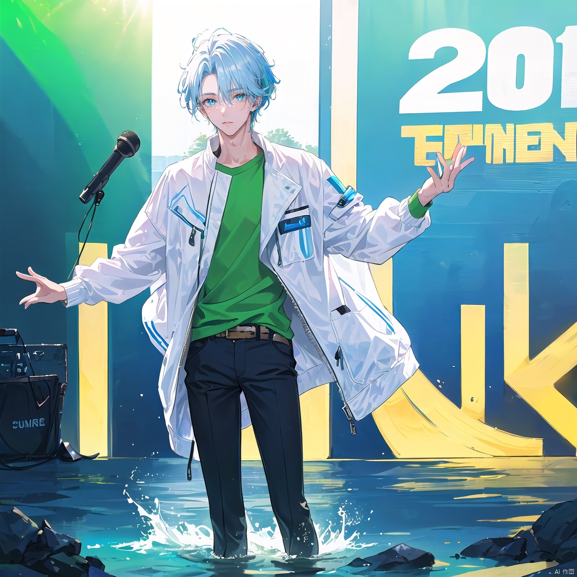 (20-year-old male:1.3)+(Handsome face:1.2)+ blue pupils + short hair + blue and white hair color + natural and casual hair style + sunny and outgoing personality + looking at the audience + whole body + standing + green shirt + long sleeves + white jacket + open clothes + water jacket,<lora:EMS-272382-EMS:1.000000>