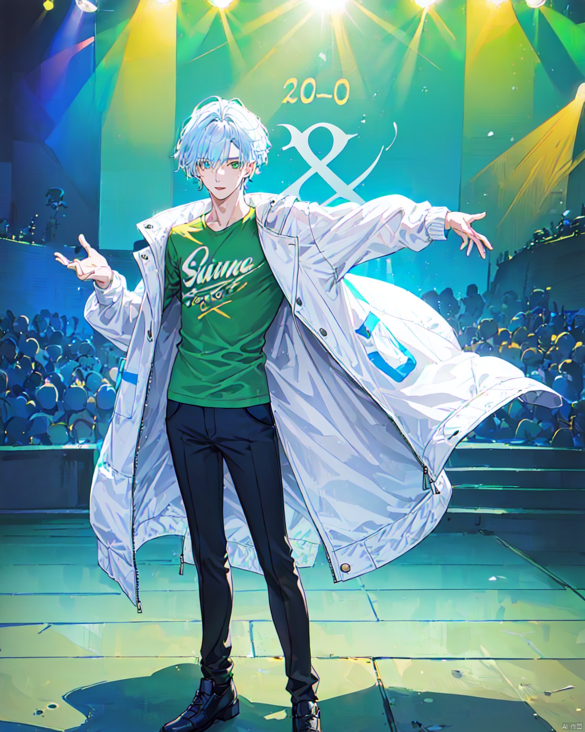 (20-year-old male:1.3)+(Handsome face:1.2)+ blue pupils + short hair + blue and white hair color + natural and casual hair style + sunny and outgoing personality + looking at the audience + whole body + standing + green shirt + long sleeves + white jacket + open clothes + water jacket,<lora:EMS-272382-EMS:1.000000>