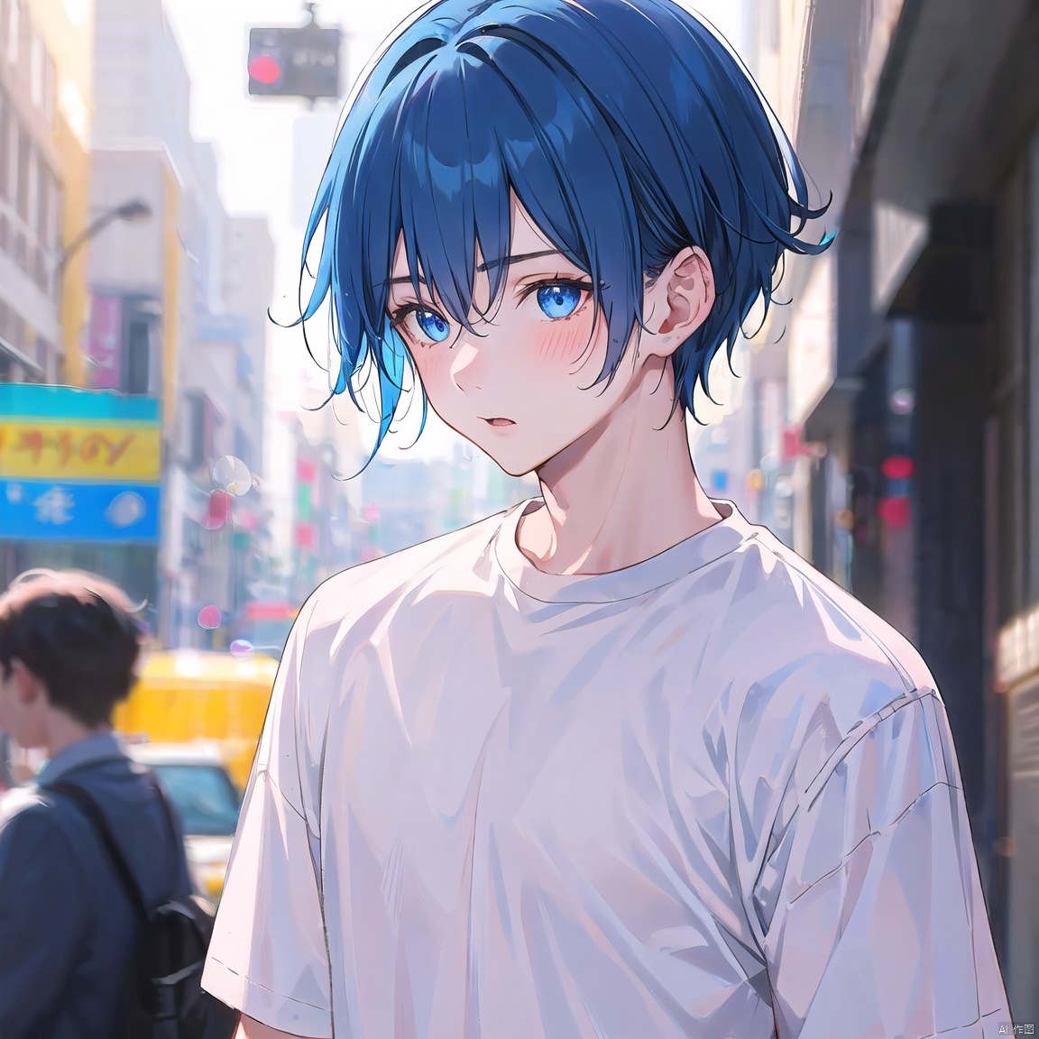 20-year-old male,  1boy,  blue eyes,  male focus,  shirt,  solo,  blue hair,  white shirt,  upper body,  blurry background,  blush,<lora:EMS-272382-EMS:1.000000>