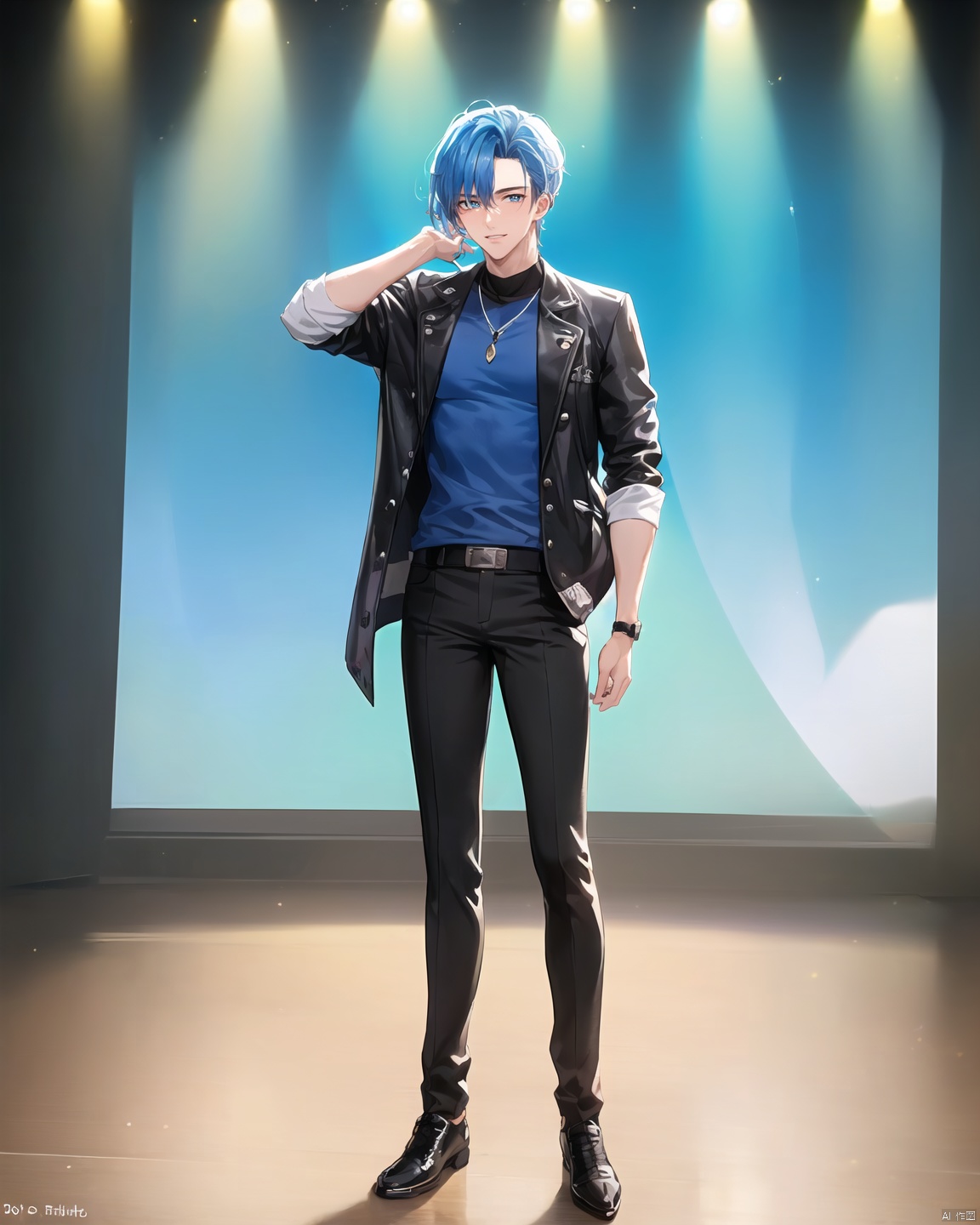 (20-year-old male:1.3)+(Handsome face:1.2)+ blue pupils + short hair + blue and white hair color + natural and casual hairstyle + sunny and outgoing personality + looking at the audience + whole body + standing + knight uniform + handsome,<lora:EMS-272382-EMS:1.000000>