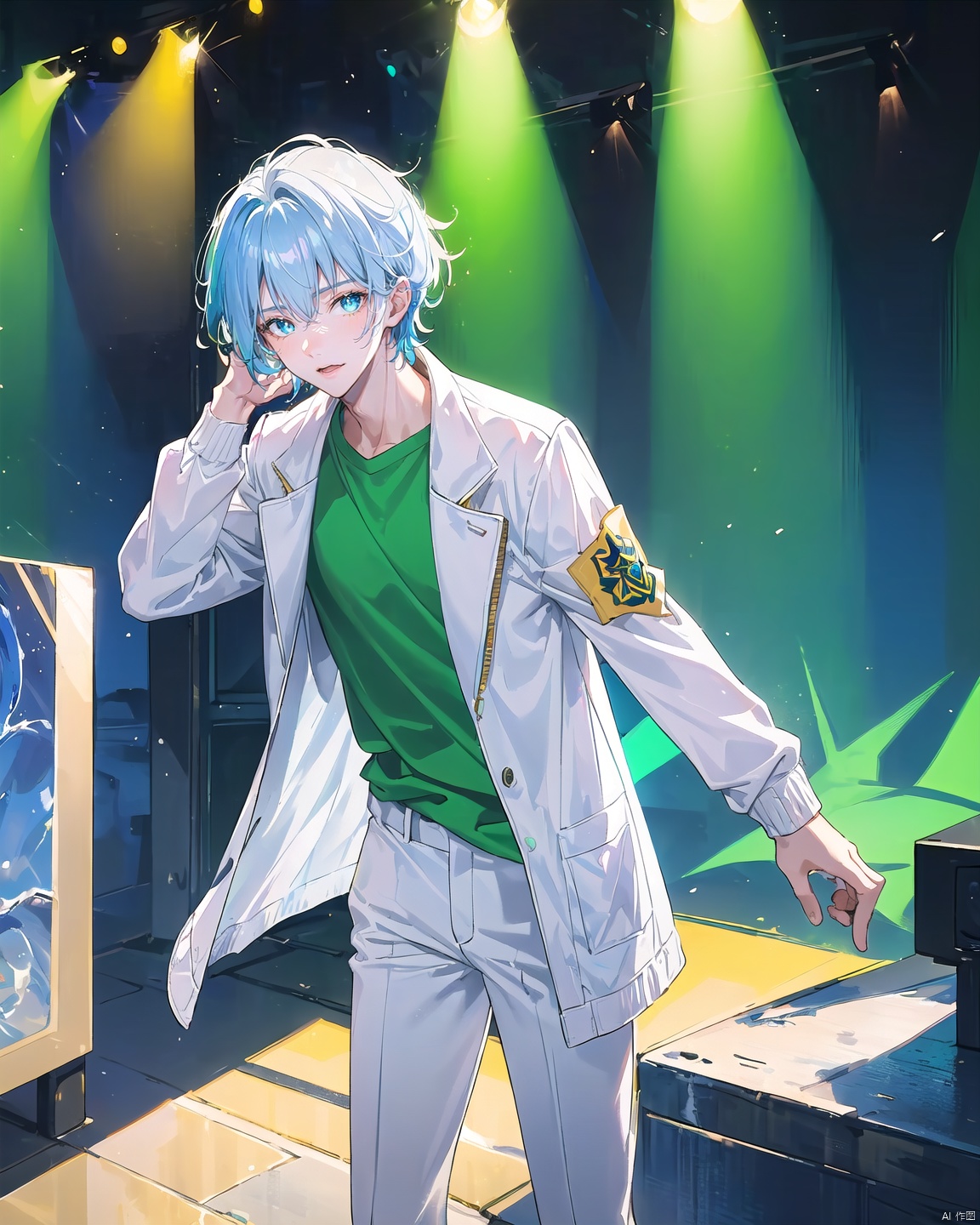 (20-year-old male:1.3)+(Handsome face:1.2)+ blue pupils + short hair + blue and white hair color + natural and casual hair style + sunny and outgoing personality + looking at the audience + whole body + standing + green shirt + long sleeves + white jacket + open clothes + water jacket,<lora:EMS-272382-EMS:1.000000>