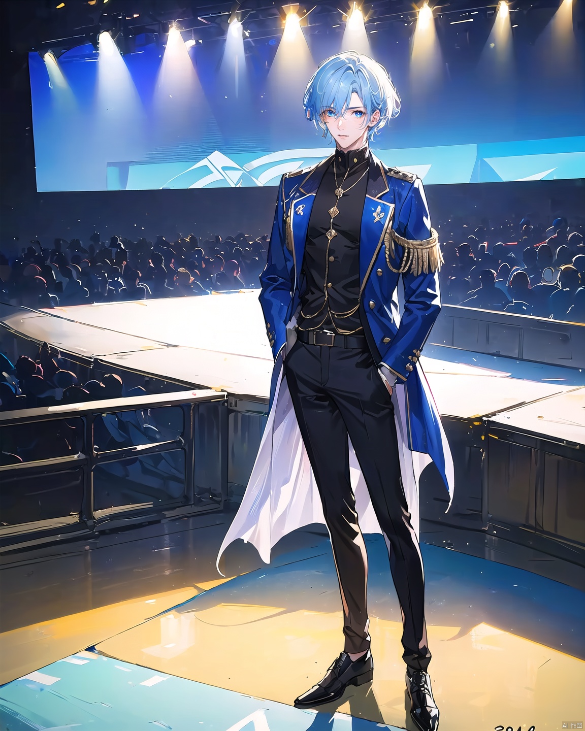 (20-year-old male:1.3)+(Handsome face:1.2)+ blue pupils + short hair + blue and white hair color + natural and casual hairstyle + sunny and outgoing personality + looking at the audience + whole body + standing + knight uniform + handsome,<lora:EMS-272382-EMS:1.000000>