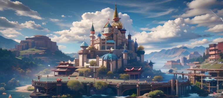 Masterpiece, best quality, 8K ultra high resolution, (fidelity :1.4), high detail RAW photos, photographic reality, realistic, extremely real,
Water, castle, no one, sky, clouds, scenery, daytime, outdoors, waterfalls, blue sky
The medieval city gate, Gothic, has a huge arch