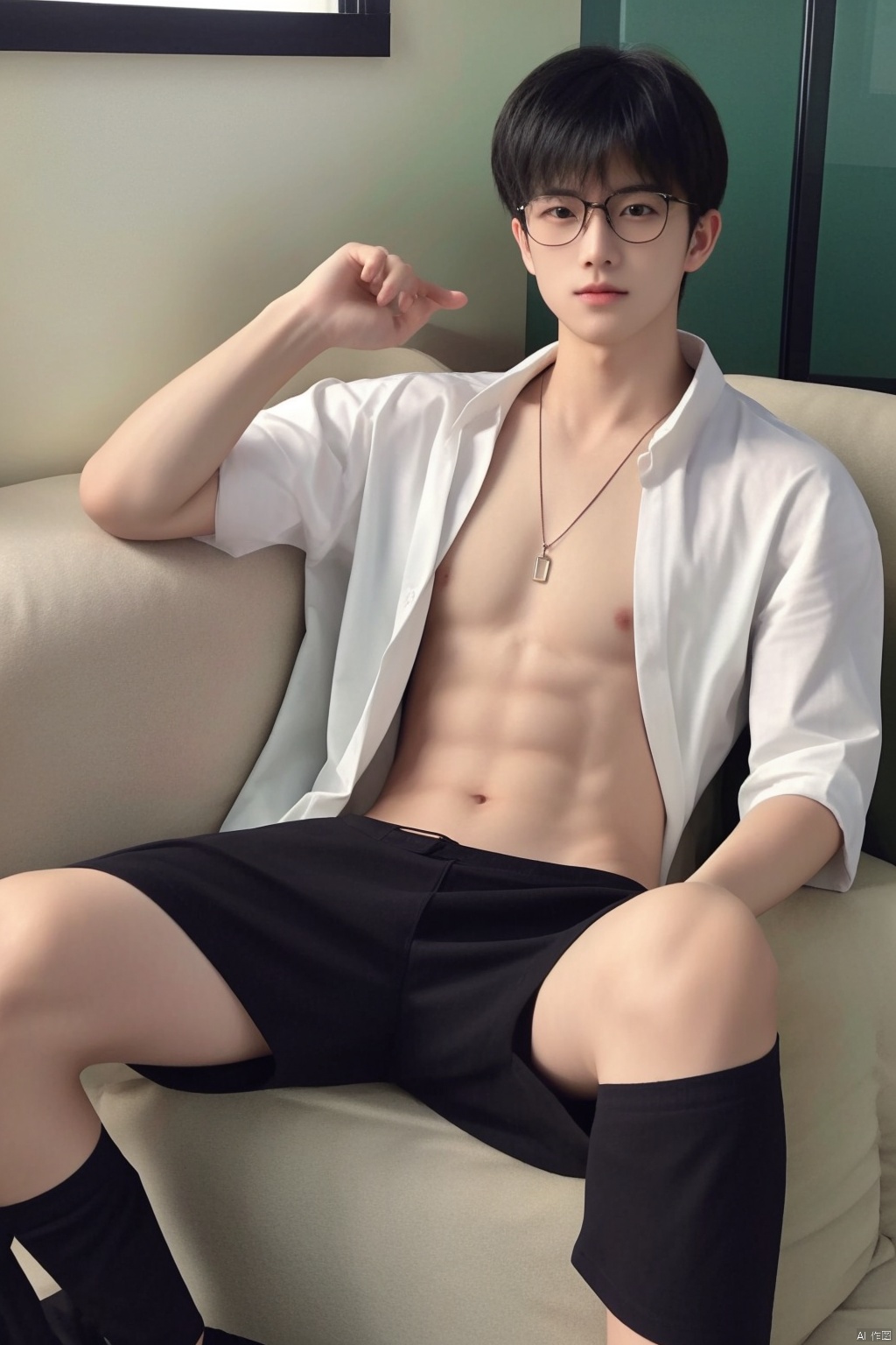  1boy,realistic,large_muscles,cda,black socks,necklace,indoors,wrist_watch,eyes,glasses,sitting,open shirt,open clothes,tattoo, cda,<lora:660447313082219790:1.0>
