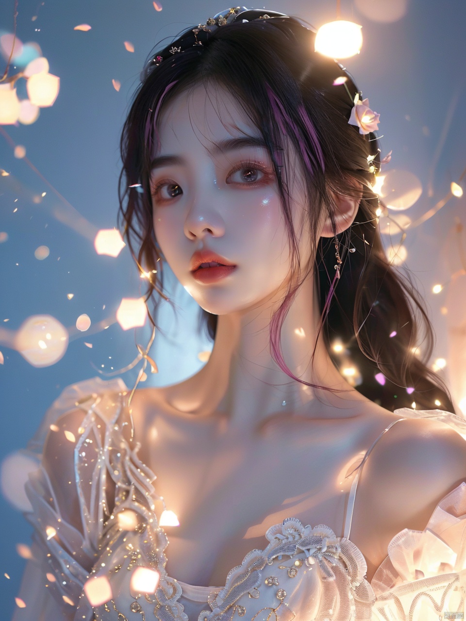 masterpiece,1 girl,22 years old,Look at me,Exquisite makeup,Pink hair.,Long hair,white wedding dress,Wipe the chest,Indoor,Exquisite decoration,Bright light,Stand,In the middle of the picture,Whole body,Plenty of roses,textured skin,super detail,best quality,Future City,FilmGirl,blue and white porcelain, (\xing he\)