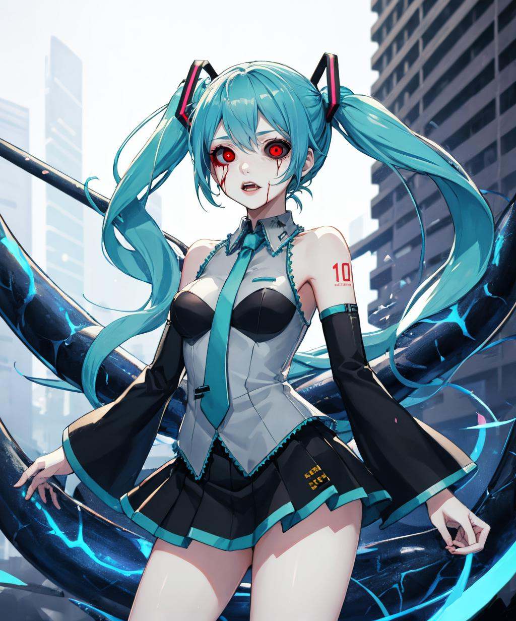 (blue theme) ,gek, black sclera, hatsune miku ,1girl, standing, long hair, medium breasts, cowboy shot, solo, city, <lora:ghoul_eyes_kagune-07:1>