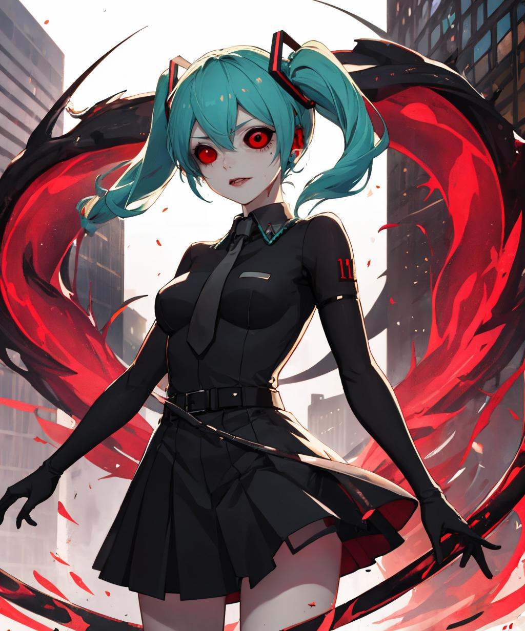 gek, black sclera, hatsune miku ,1girl, standing, long hair, medium breasts, cowboy shot, solo, city, <lora:ghoul_eyes_kagune-07:1>