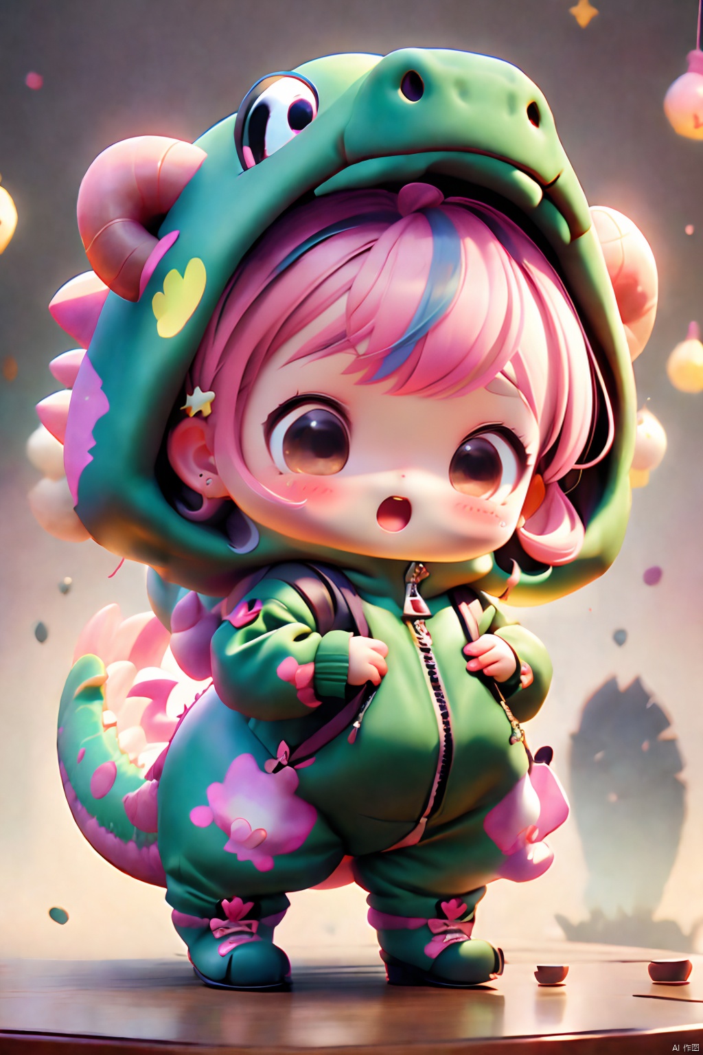 MG_ip, Pixar, 1girl,  pink hair,  sitting,  open mouth,  blush stickers,  horns,  solo,  teeth,  bangs,  chibi,  animal costume,  cosplay,  full body,  black eyes,  looking down,  kigurumi,  hood,  Dinosaur headgear,  Dinosaur tail,<lora:EMS-269271-EMS:0.100000>,<lora:EMS-271560-EMS:0.110000>,<lora:EMS-272061-EMS:0.660000>,<lora:EMS-270708-EMS:0.010000>,<lora:EMS-272995-EMS:0.210000>,<lora:EMS-78361-EMS:0.100000>