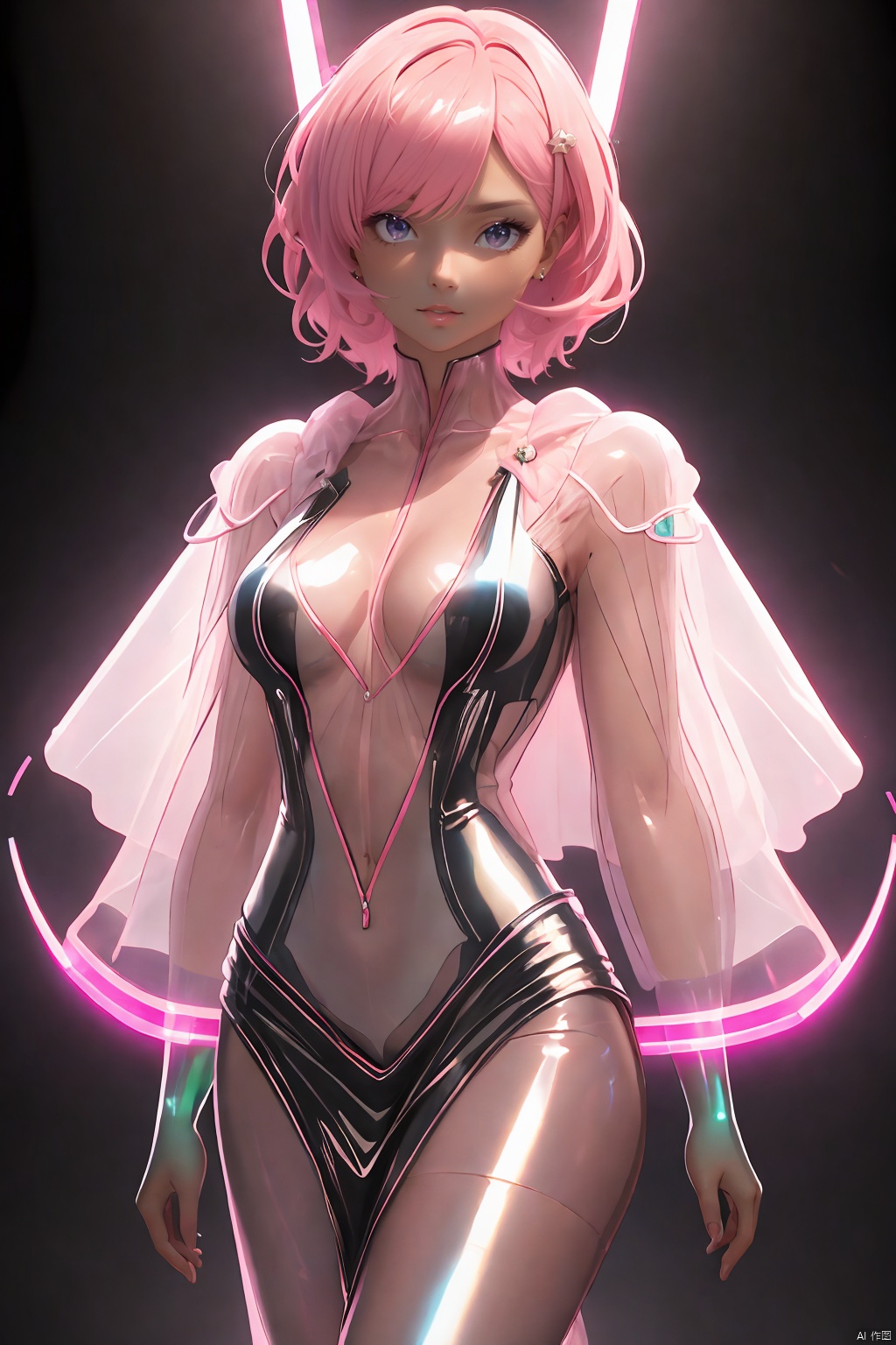 Beautiful Woman in the Dark with Neon Lights,  Neon Poster with Woman as the Protagonist,  Short Hair on Tensor.Art