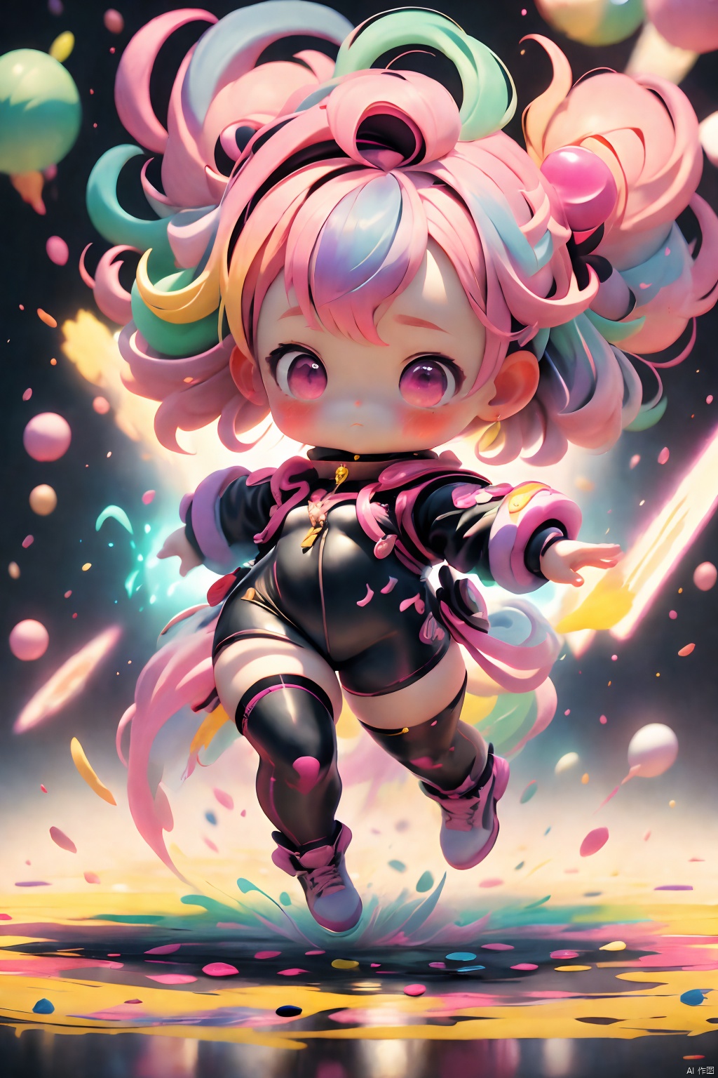 An illustration of a girl,  surrounded by a vibrant background of colorful paint,  reminiscent of an Abstract Expressionist painting by Jackson Pollock. The girl stands in the center of the composition,  her short pink hair elegantly flowing. Pink eyes,  the colors in the background are a riot of colors,  blending and blending together to form an explosion of energy and creativity. The lighting is dynamic,  with splashes of light and shadow falling on the scene,  adding depth and dimension. The atmosphere is lively and cheerful,  reflecting the girl's playful spirit in the colorful chaos.,<lora:EMS-271560-EMS:0.110000>,<lora:EMS-272061-EMS:0.560000>,<lora:EMS-270708-EMS:0.010000>,<lora:EMS-272995-EMS:0.310000>,<lora:EMS-78361-EMS:0.100000>,<lora:EMS-269271-EMS:0.100000>