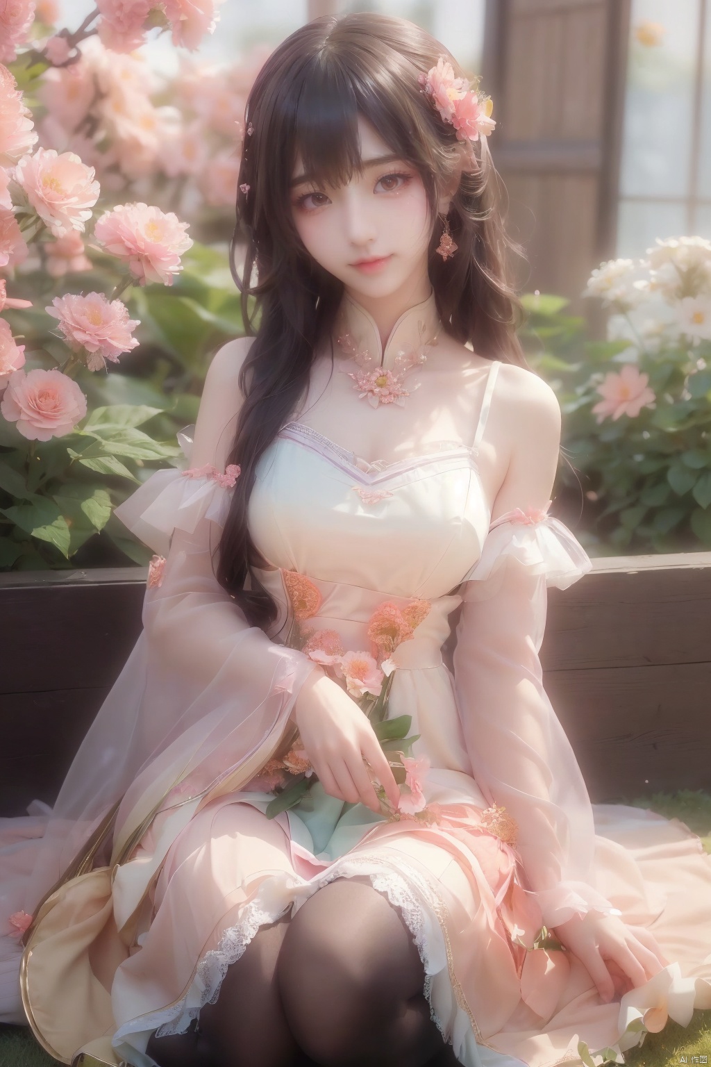  1girl,yuzu,qingsha,medium shot,solo,emotional_face,flower dress,flower armor,looking_at_viewer,green_theme,colorful blooming flowers,forming a dreamlike world,flower_garden,flowers everywhere,greens,pinks,bokeh,cinematic,exposure blend,(teal and orange:0.85),(muted_colors, dim_colors, soothing_tones:1.3),high contrast,low saturation,(Canon RF 85mm f/1.2L),tifa,huolinger,glint sparkle,pantyhose,xinniang,eyesseye,21yo girl,ajkds,yunbin,