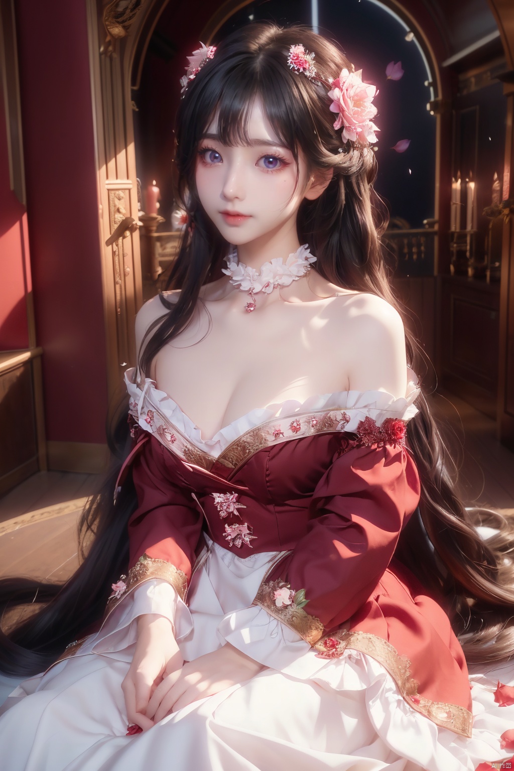  1girl, solo, red flower, flower, blue eyes, long hair, holding flower, holding, rose, dress, petals, hair ornament, red rose, lying, long sleeves, white hair, on back, white dress, looking at viewer, choker, parted lips, bare shoulders, blush, bangs, off shoulder, black choker, hair flower, off-shoulder dress, very long hair, collarbone, puffy long sleeves, puffy sleeves, rose petals, hair between eyes,eyesseye, dofas, crystal, yunbin, qianjin, christmas