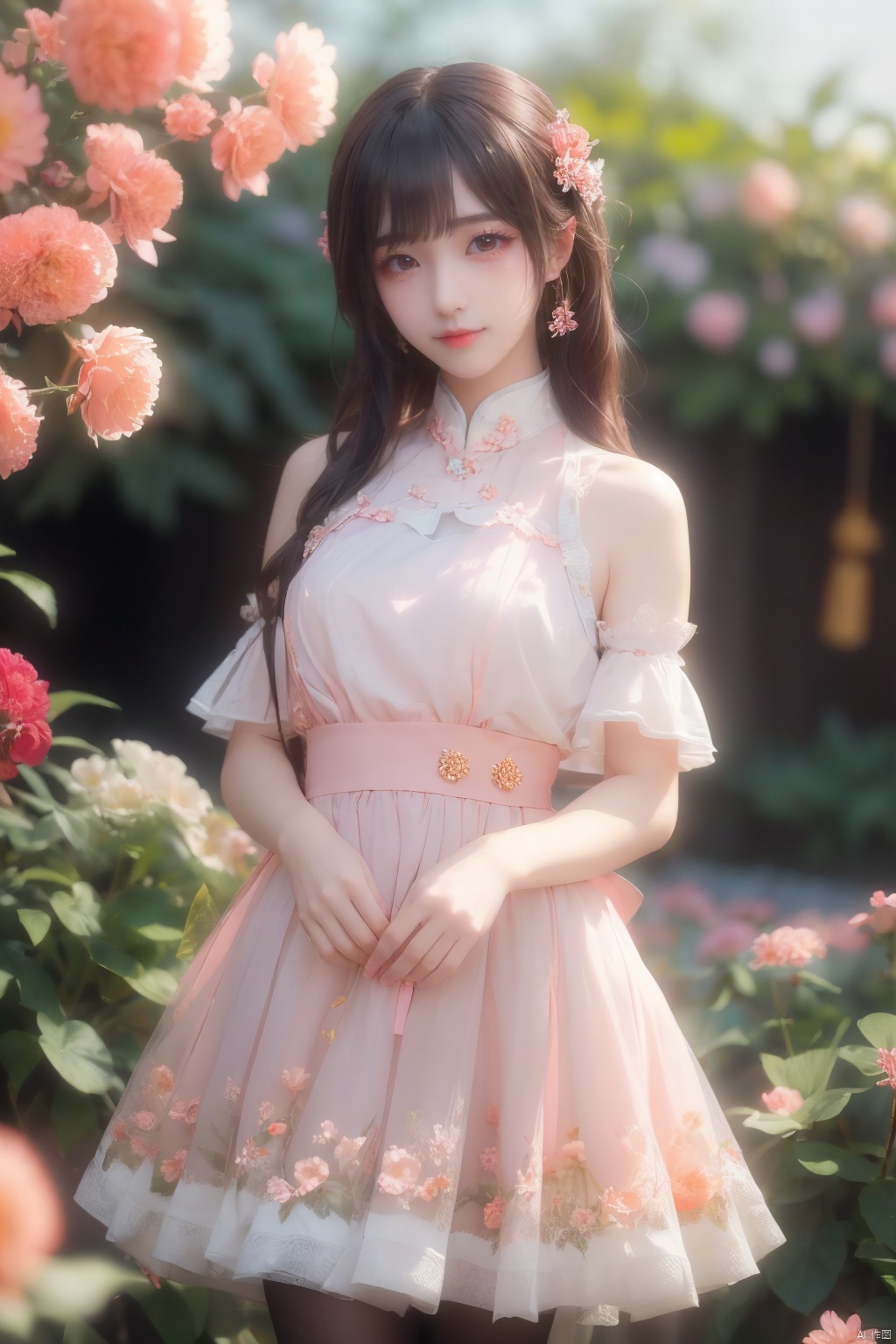  1girl,yuzu,qingsha,medium shot,solo,emotional_face,flower dress,flower armor,looking_at_viewer,green_theme,colorful blooming flowers,forming a dreamlike world,flower_garden,flowers everywhere,greens,pinks,bokeh,cinematic,exposure blend,(teal and orange:0.85),(muted_colors, dim_colors, soothing_tones:1.3),high contrast,low saturation,(Canon RF 85mm f/1.2L),tifa,huolinger,glint sparkle,pantyhose,xinniang,eyesseye,21yo girl,ajkds,yunbin,
