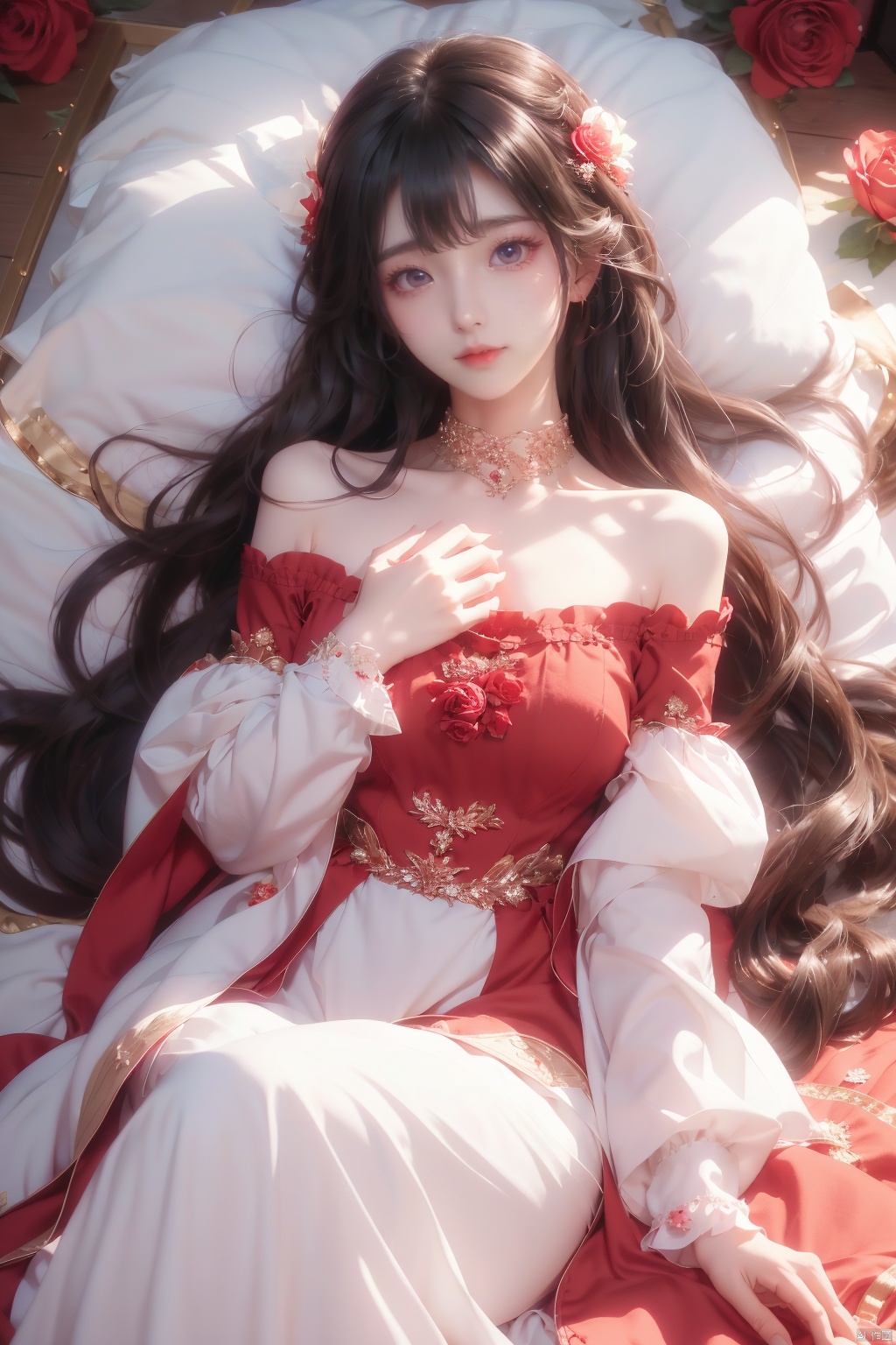  1girl, solo, red flower, flower, blue eyes, long hair, holding flower, holding, rose, dress, petals, hair ornament, red rose, lying, long sleeves, white hair, on back, white dress, looking at viewer, choker, parted lips, bare shoulders, blush, bangs, off shoulder, black choker, hair flower, off-shoulder dress, very long hair, collarbone, puffy long sleeves, puffy sleeves, rose petals, hair between eyes,eyesseye, dofas, crystal, yunbin, qianjin, christmas