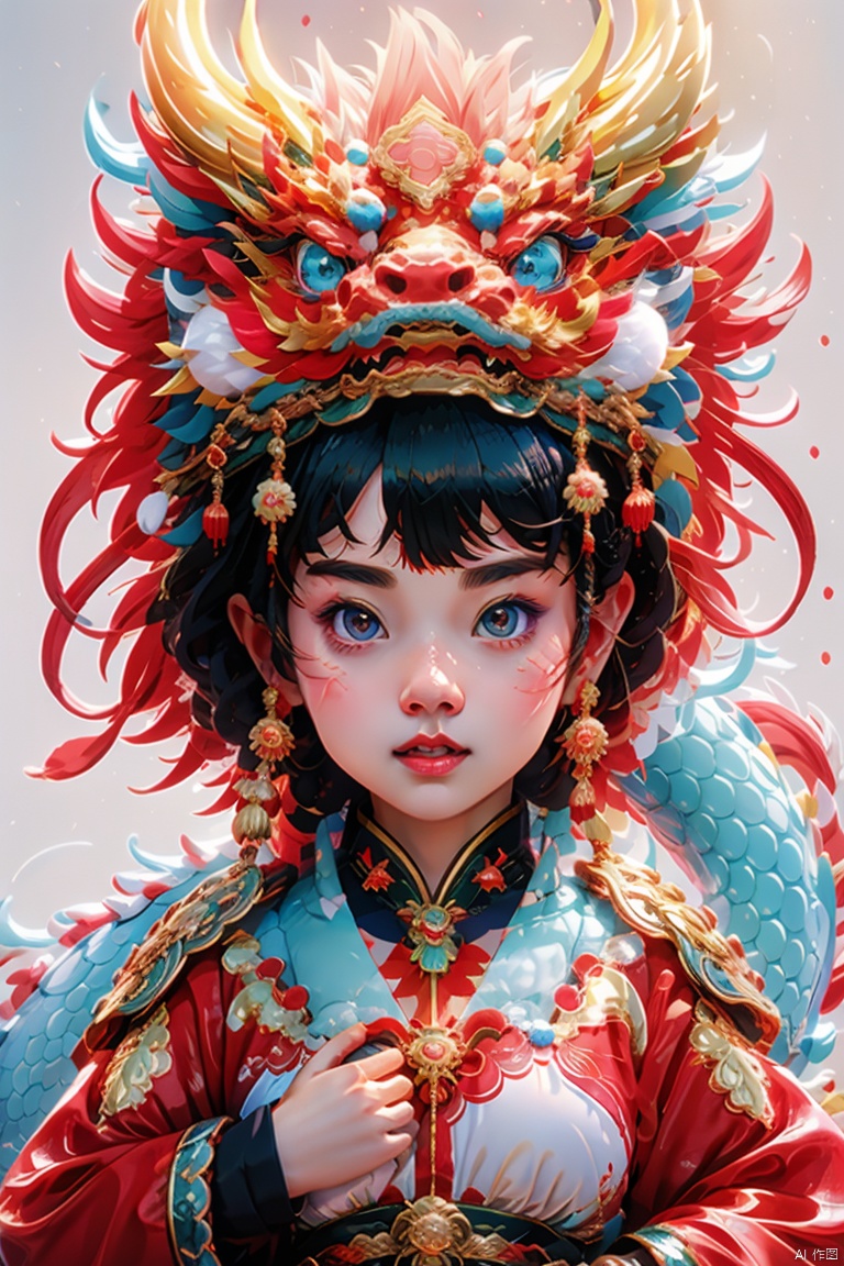  anime, digital art, female character, Chinese clothing, dragon headdress, intricate details, bright colors, ornate jewelry, large expressive eyes, flushed cheeks, cultural attire, fantasy, mythical creature, vibrant, high resolution, gold accents, red and blue palette, traditional motifs, festive,1girl