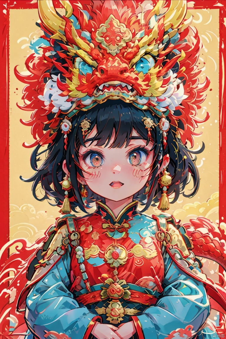  anime, digital art, female character, Chinese clothing, dragon headdress, intricate details, bright colors, ornate jewelry, large expressive eyes, flushed cheeks, cultural attire, fantasy, mythical creature, vibrant, high resolution, gold accents, red and blue palette, traditional motifs, festive,1girl