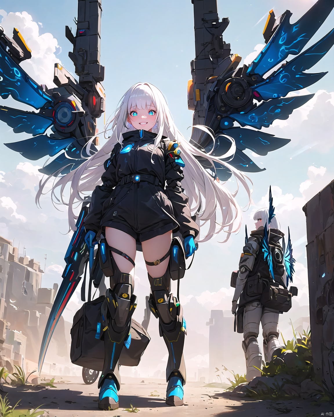 1 18-year-old beautiful girl +(detailed face)+ white hair + long hair + bangs + sunny and cheerful + blue pupils + mechanical legs + boots + wings Apocalyptic + sci-fi mechanical wings with fan +More details + color + lens flare,<lora:EMS-273028-EMS:0.800000>
