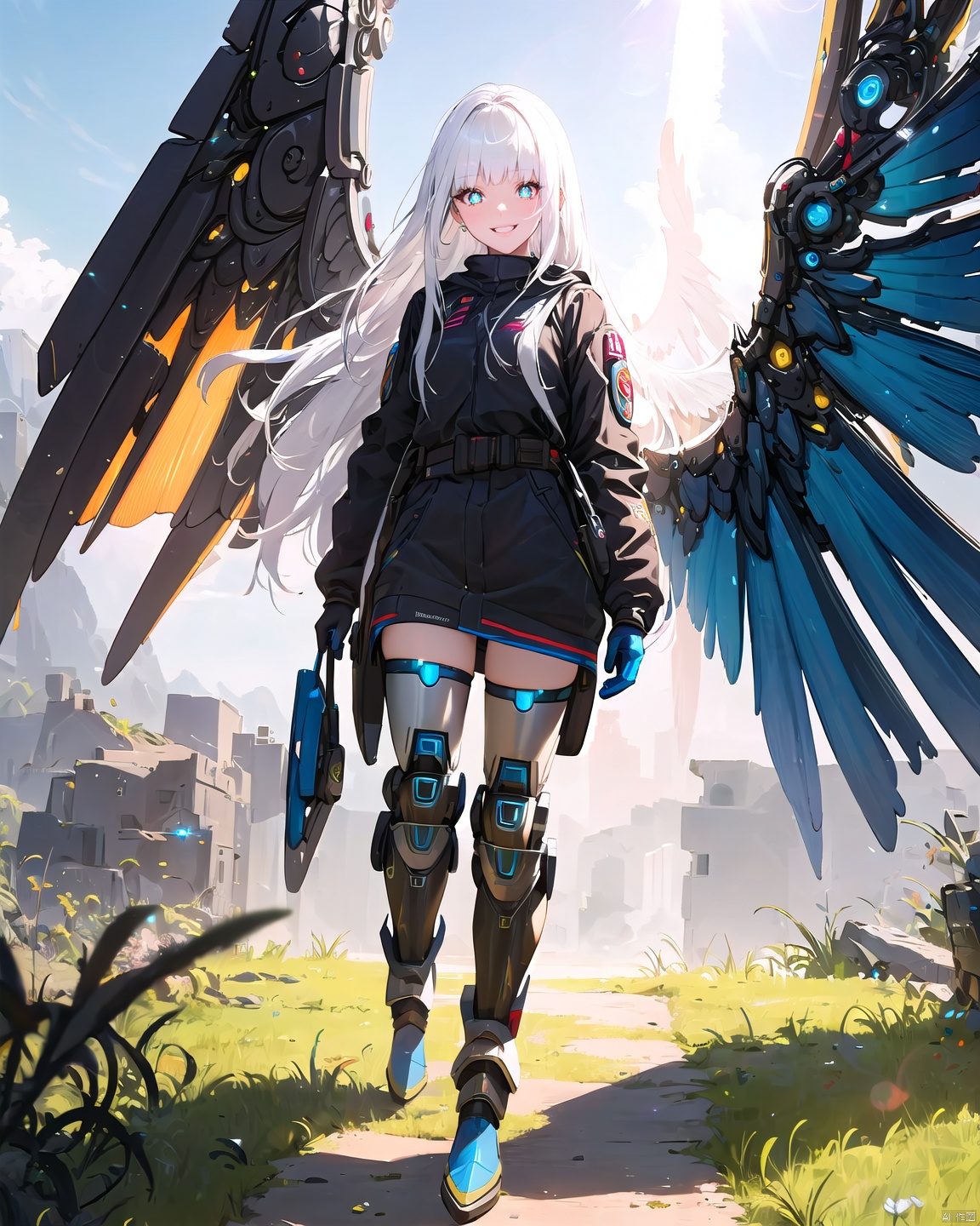 1 18-year-old beautiful girl +(detailed face)+ white hair + long hair + bangs + sunny and cheerful + blue pupils + mechanical legs + boots + wings Apocalyptic + sci-fi mechanical wings with fan +More details + color + lens flare,<lora:EMS-273028-EMS:1.000000>