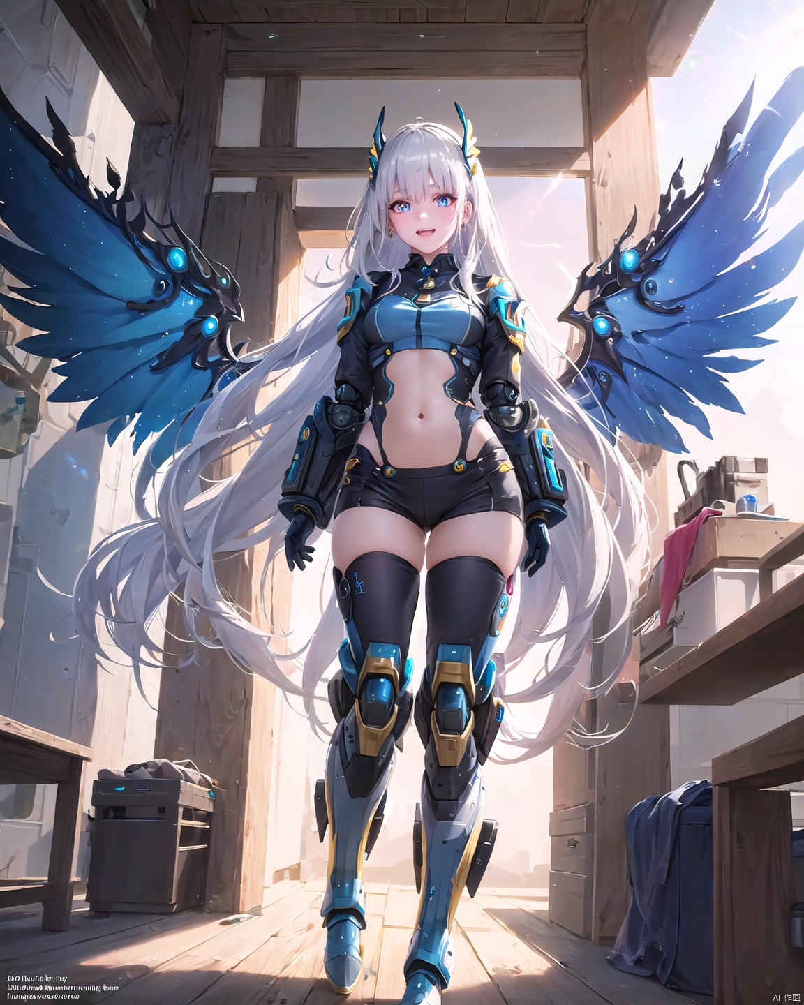 1 18-year-old beautiful girl +(detailed face)+ white hair + long hair + bangs + sunny and cheerful + blue pupils + mechanical legs + boots + wings Apocalyptic + sci-fi mechanical wings with fan +More details + color + lens flare,<lora:EMS-273028-EMS:0.800000>