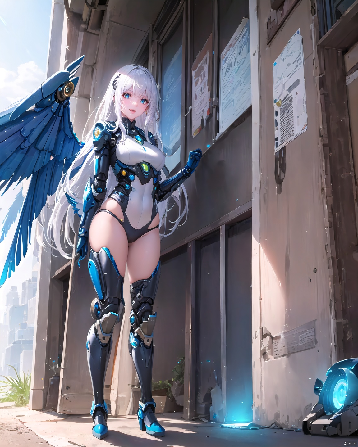 1 18-year-old beautiful girl +(detailed face)+ white hair + long hair + bangs + sunny and cheerful + blue pupils + mechanical legs + boots + wings Apocalyptic + sci-fi mechanical wings with fan +More details + color + lens flare,<lora:EMS-273028-EMS:1.000000>