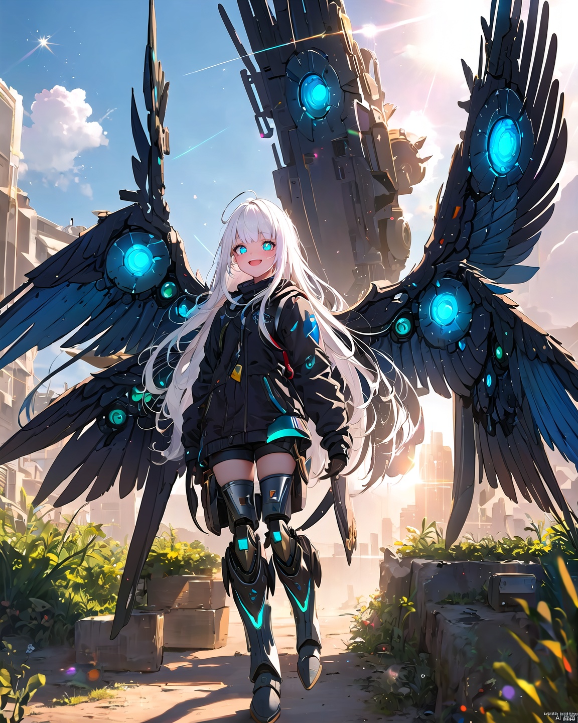 1 18-year-old beautiful girl +(detailed face)+ white hair + long hair + bangs + sunny and cheerful + blue pupils + mechanical legs + boots + wings Apocalyptic + sci-fi mechanical wings with fan +More details + color + lens flare,<lora:EMS-273028-EMS:1.000000>