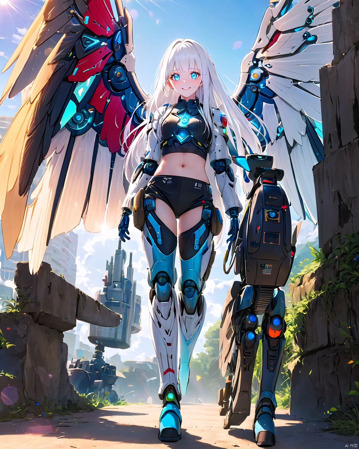 1 18-year-old beautiful girl +(detailed face)+ white hair + long hair + bangs + sunny and cheerful + blue pupils + mechanical legs + boots + wings Apocalyptic + sci-fi mechanical wings with fan +More details + color + lens flare,<lora:EMS-273028-EMS:1.000000>