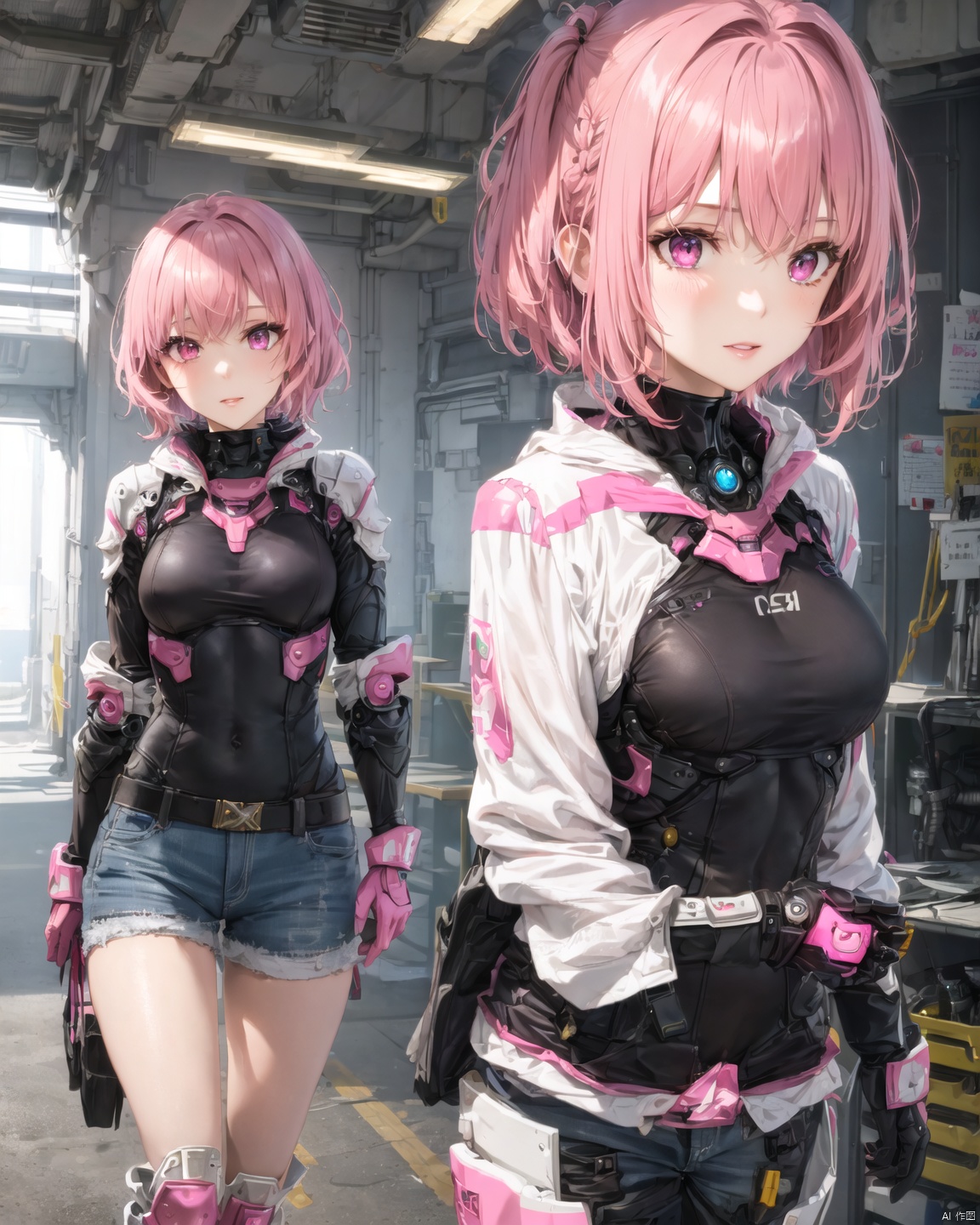 1 royal sister +(detailed face)+ pink short hair + pink eyes + Sa + sci-fi wind + mechanical armor,<lora:EMS-273029-EMS:1.000000>