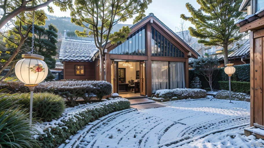  雪,Beautiful snow scene, beautiful plants, lanterns, Chinese New Year, snowy scene atmosphere sense, ((Best quality)),((Best quality)),((realistic)),((exterior view)),photo realistic,(masterpiece),orante,super detailed,intricate,photo like image quality,雪, LAOWANG