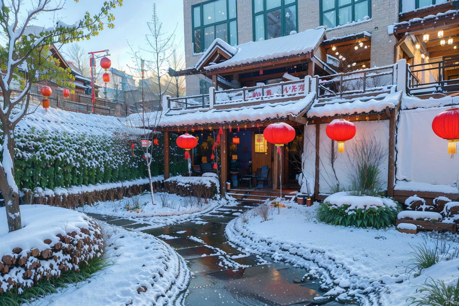  雪,Beautiful snow scene, beautiful plants, lanterns, Chinese New Year, snowy scene atmosphere sense, ((Best quality)),((Best quality)),((realistic)),((exterior view)),photo realistic,(masterpiece),orante,super detailed,intricate,photo like image quality,雪, , 1girl
