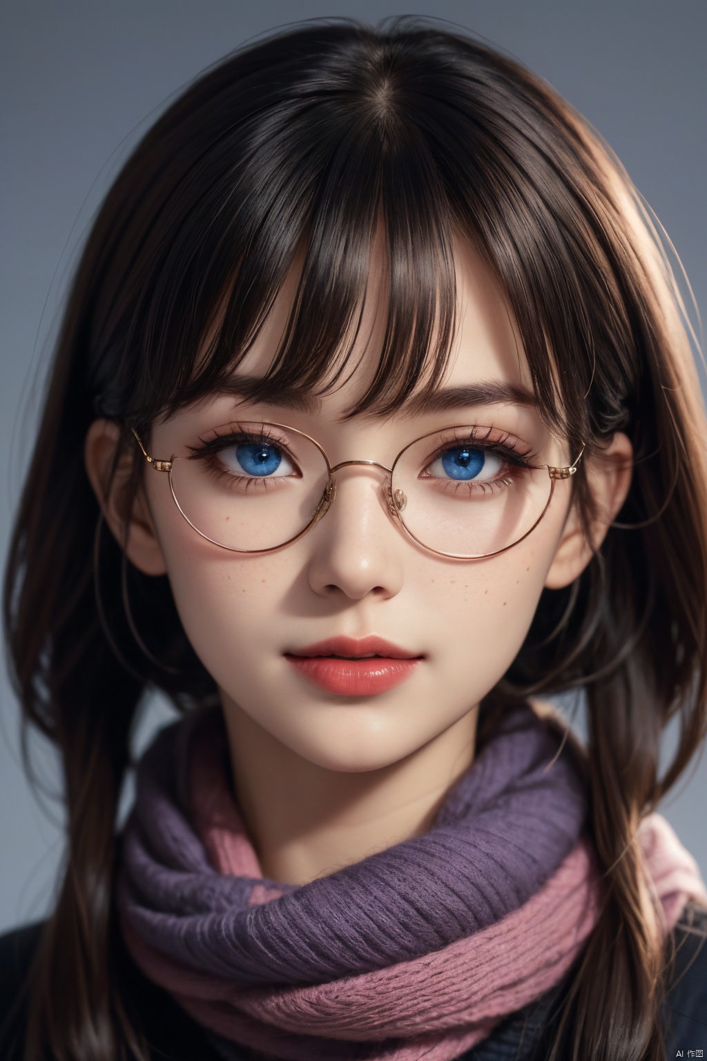  1girl, blue eyes, black hair, realistic, scarf, looking at viewer, twintails, solo, glasses, lips, long hair, portrait, nose, closed mouth, sunglasses, red-framed eyewear, solo focus, finger to mouth, simple background, traditional media, pov, purple scarf, eyelashes, tinted eyewear, close-up, mole, blue background, bangs, signature, upper body, adjusting eyewear, goggles, parted lips, out of frame, red lips, hair between eyes, pov hands, open mouth, blush, makeup, brown hair, grey background, eye focus, lipstick, smile, expressionless, eyewear on head, parted bangs, semi-rimless eyewear, mole under mouth, poking, blurry, freckles, red scarf, looking over eyewear, breasts, blue hair, reflection, two side up, mole under eye, short hair, round eyewear, biting, short twintails, ribbon, painterly, pointing, hand up, pink-framed eyewear , realistic details, surrealistic, sense of reality, very realistic, very realistic, intense contrast of light and shadow