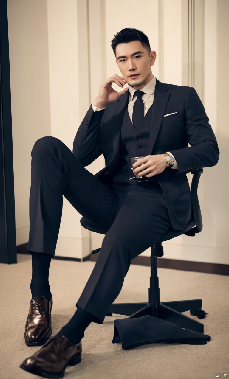  a man,male focus,(masterpiece, Realism, best quality, highly detailed,profession),asian,exquisite facial features,handsome,muscular,sitting on chair,casual suit,sheer socks,oxford footwear,full body shot,soft lighting,blurry,xiewa, 1man