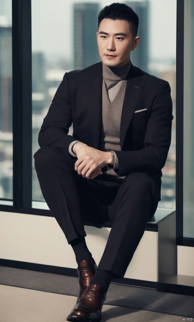  a man,male focus,(masterpiece, Realism, best quality, highly detailed,profession),asian,exquisite facial features,handsome,muscular,sitting,Business suit,socks,footwear,full body shot,soft lighting,blurry,xiewa, ((poakl)), 1man