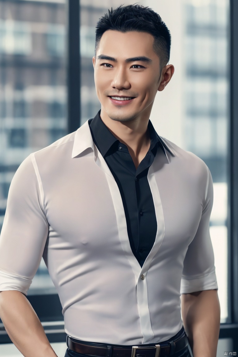  1man,Asian,male focus,(masterpiece, Realism, best quality, highly detailed,profession),exquisite facial features,handsome,smile,muscular,black transparent shirt,cowboy_shot,blurry,in office