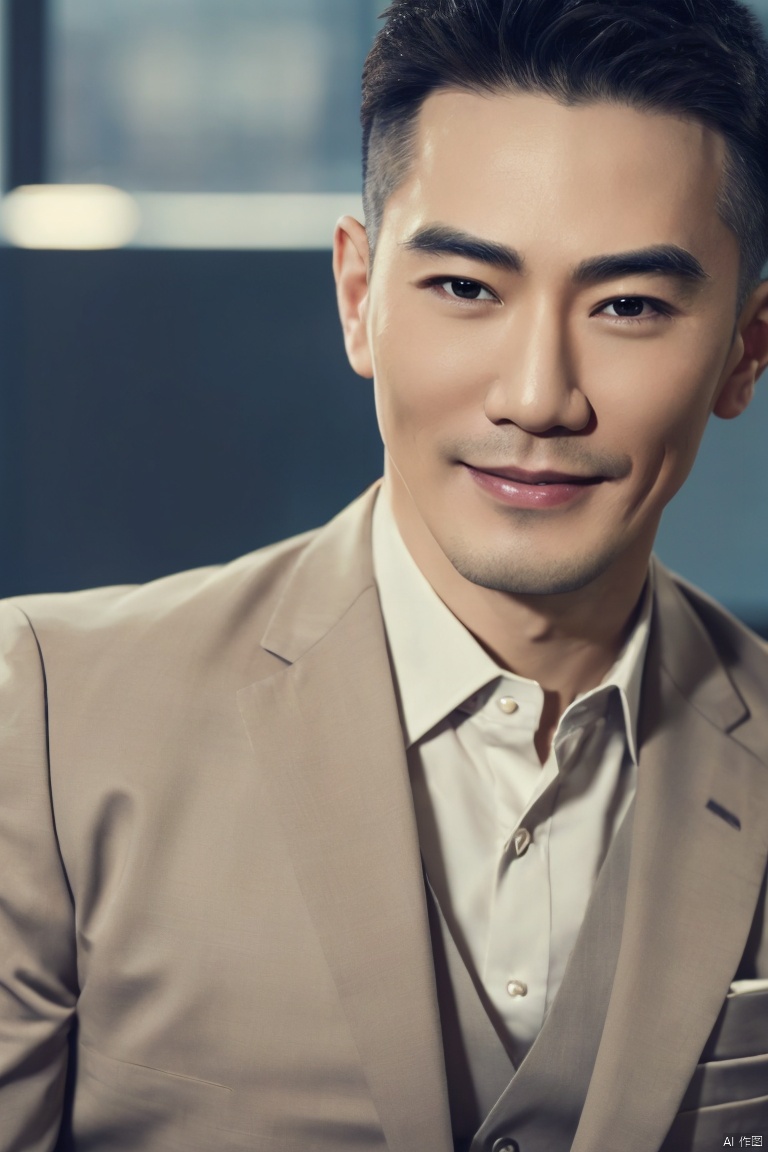  1man,Asian,male focus,Mature,(masterpiece, Realism, best quality, highly detailed,profession),exquisite facial features,handsome,smile,muscular,formal wear,Upper part of the body,blurry,in office