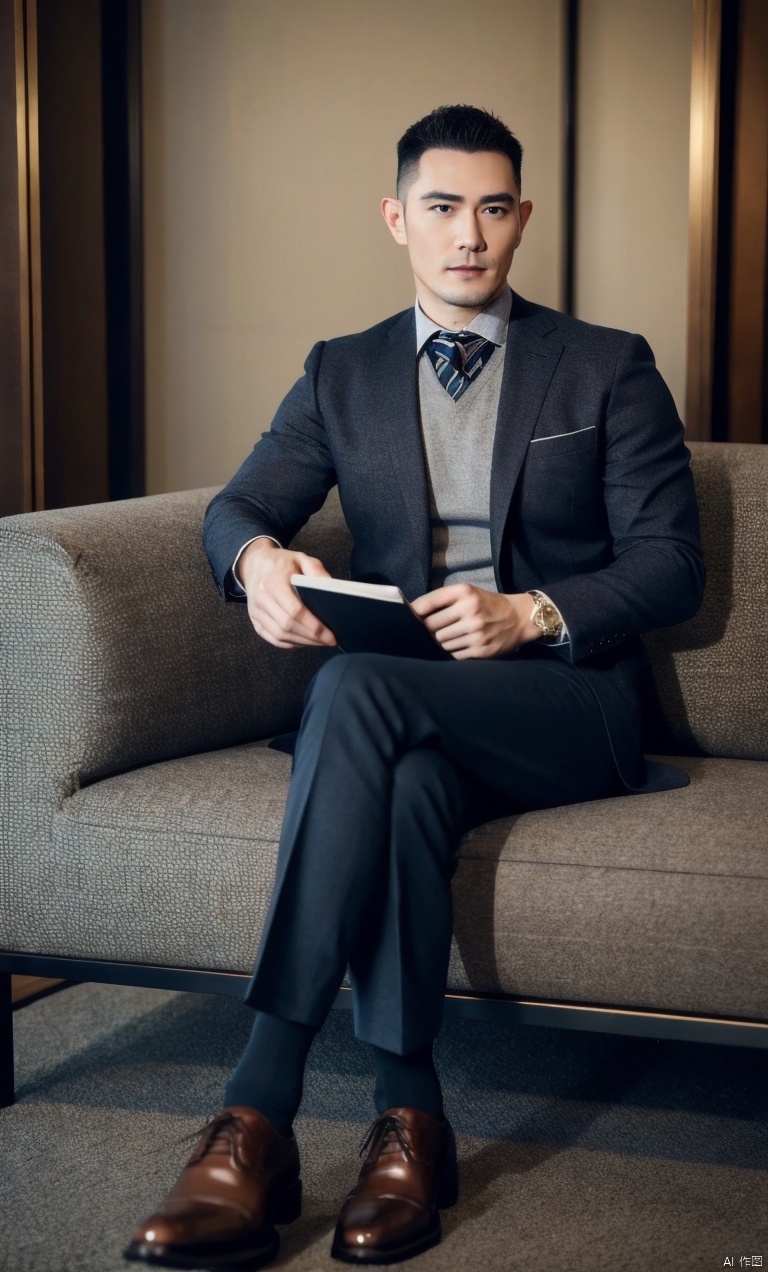  a man,male focus,(masterpiece, Realism, best quality, highly detailed,profession),asian,exquisite facial features,handsome,muscular,sitting,Business suit,socks,footwear,full body shot,soft lighting,blurry,xiewa, ((poakl)), 1man