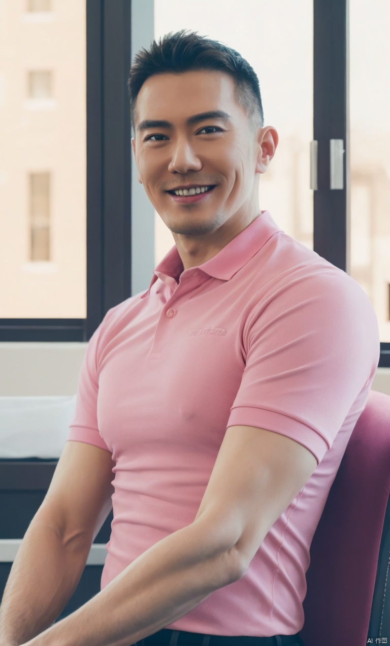  1man,Asian,male focus,Mature,(masterpiece, Realism, best quality, highly detailed,profession),exquisite facial features,handsome,smile,close mouth,muscular,pink polo shirt,tight breeches,Upper part of the body,soft lighting,blurry,in office