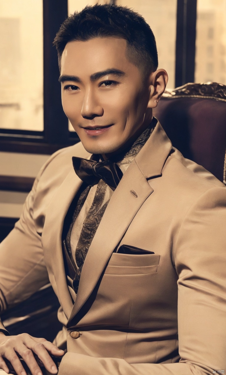  1man,Asian,male focus,Mature,(masterpiece, Realism, best quality, highly detailed,profession),exquisite facial features,handsome,smile,muscular,formal wear,Upper part of the body,soft lighting,blurry,in office