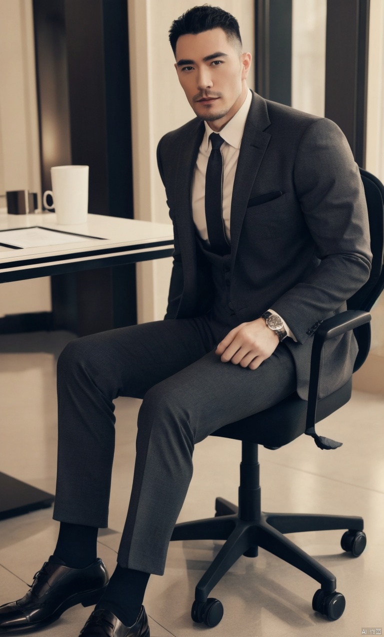  a man,male focus,(masterpiece, Realism, best quality, highly detailed,profession),asian,exquisite facial features,handsome,muscular,sitting on chair,Business suit,socks,footwear,full body shot,soft lighting,blurry,xiewa, 1man